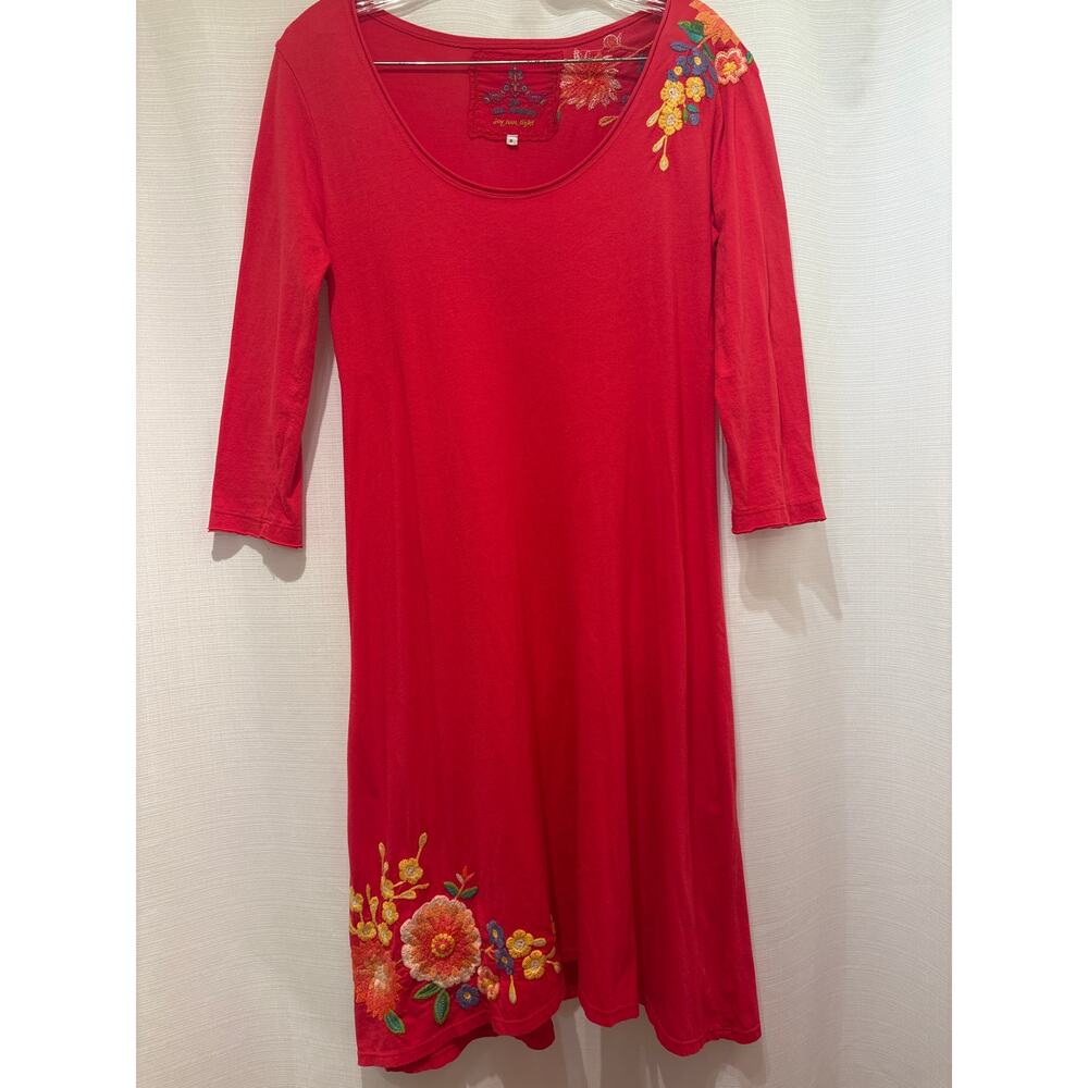 JOHNNY WAS JWLA Red Cotton Floral Embroidered 3/4 Sleeve Scoop Neck Dress S